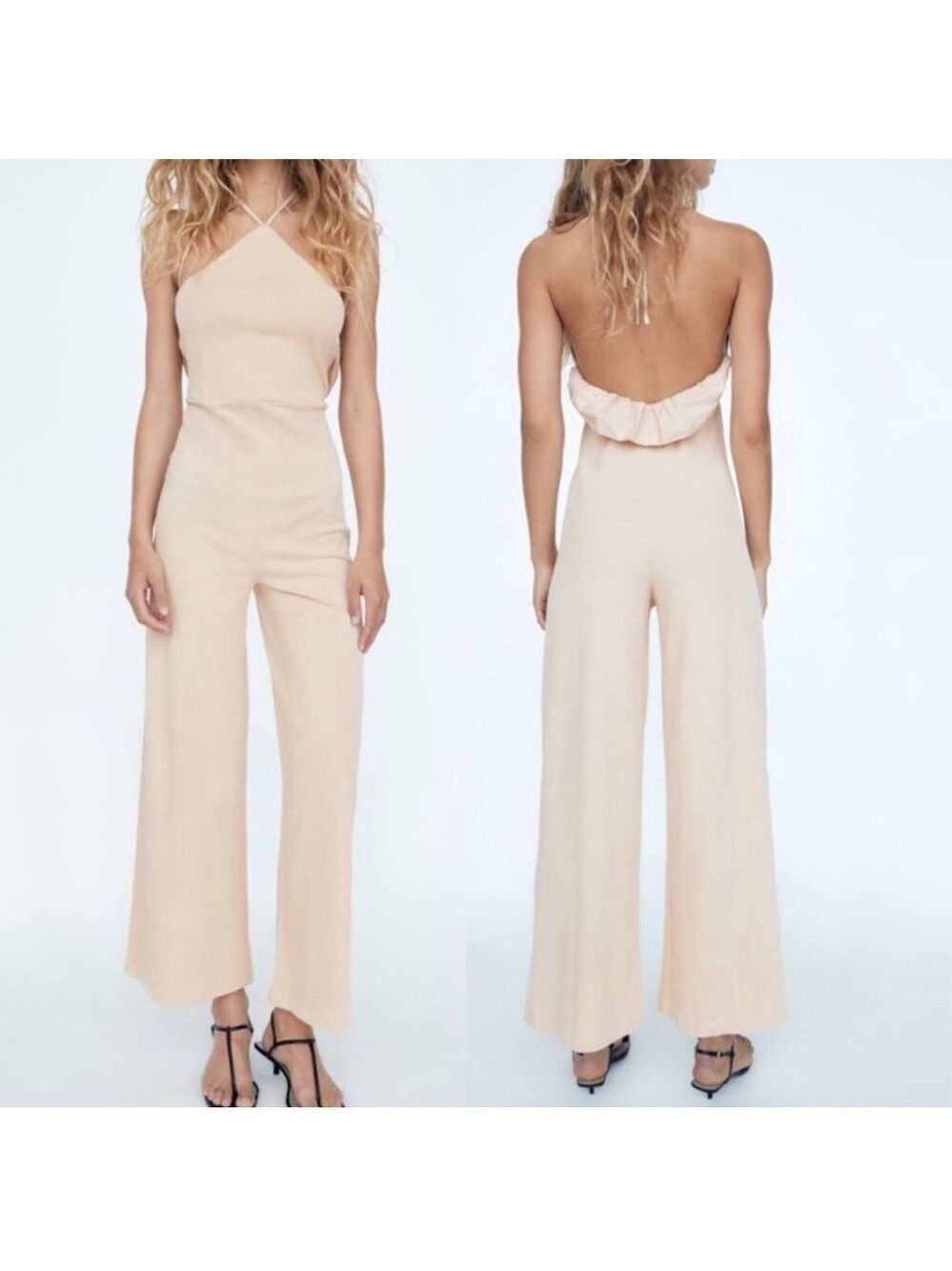 Zara beige cream ruffle frill halter top wide leg jumpsuit 100% cotton M NWOT